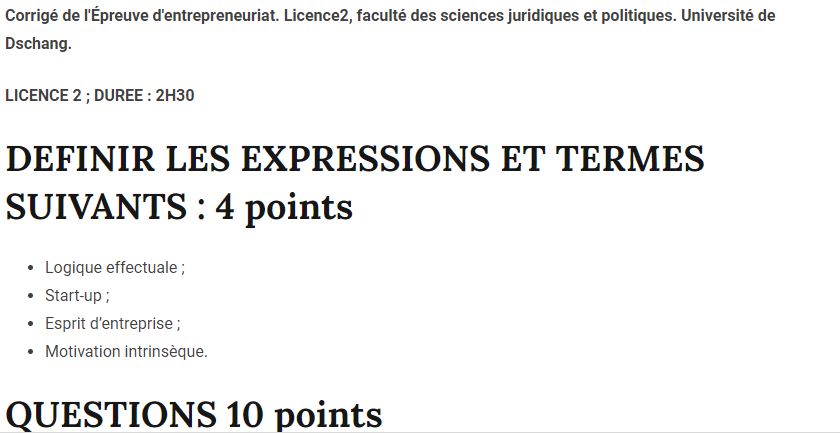 Corrigé de l'Épreuve d'entrepreneuriat (PDF)